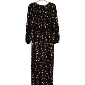 Asos Women Romper Size 12 Smock Floral Long Black Red Yellow Round Neck Feminine